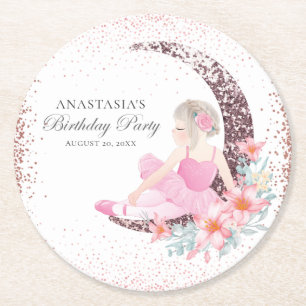 Birthday Ballerina Glitter Personalized Round Paper Coaster