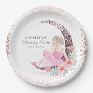 Birthday Ballerina Moon Glitter Personalized Paper Plate
