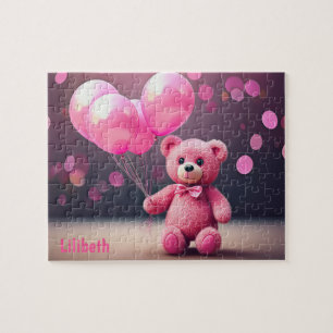 Birthday Balloon Bear in Pink Personalized Jigsaw Puzzle