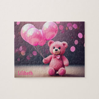 Birthday Balloon Bear in Pink Personalized Jigsaw Puzzle