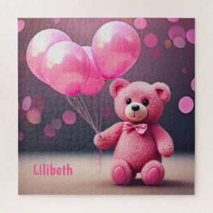Birthday Balloon Bear in Pink Personalized Jigsaw Puzzle