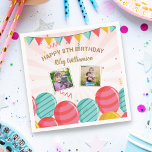 Birthday Balloon Gold Pink Confetti Photos Any Age Napkin<br><div class="desc">Fun,  festive birthday paper napkins featuring pink,  gold and green balloons,  streamers and confetti,  your 2 photos and 2 lines of custom text.  Colourful,  spirited and classic - perfect birthday napkins for kids and adults.</div>