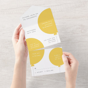 Birthday Balloon Mustard Yellow Party Scandi RSVP All In One Invitation