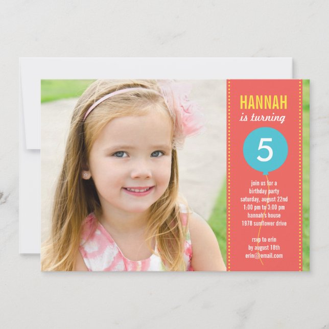 Birthday Balloon Photo Birthday Invitation - Coral (Front)