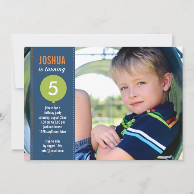 Birthday Balloon Photo Birthday Invitation - Navy (Front)
