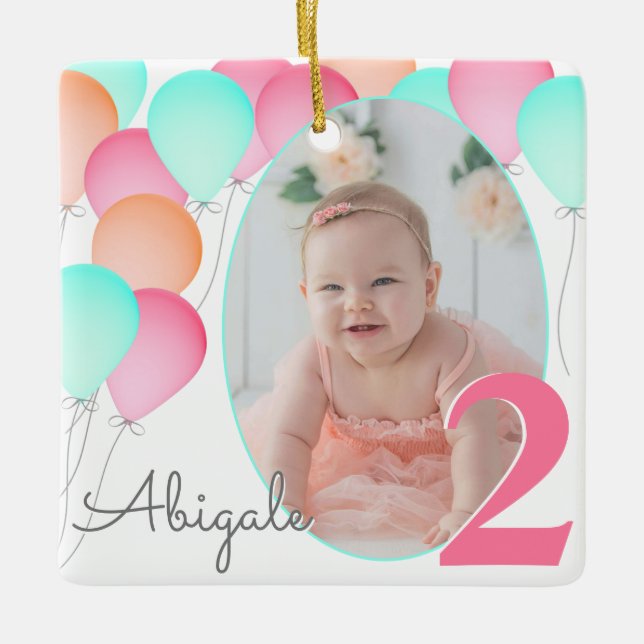 Birthday Balloons Baby's 2nd Birthday Photo Ceramic Ornament (Front)