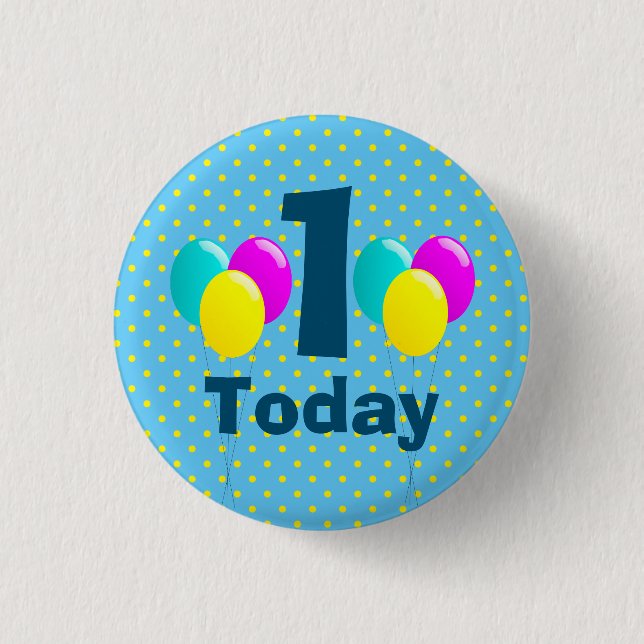 Birthday, Balloons, Blue Polka Dots Customizable 1 Inch Round Button (Front)