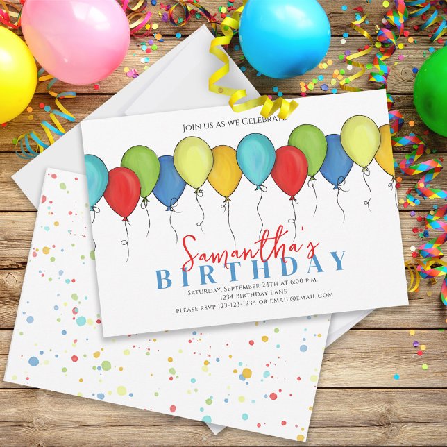Birthday Balloons Confetti Modern Party Cute Fun Invitation (Creator Uploaded)