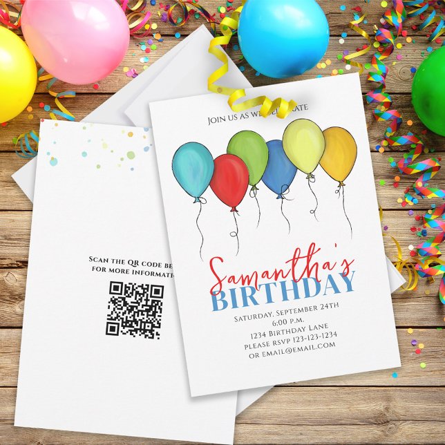 Birthday Balloons Confetti Modern Party QR Code  Invitation (Creator Uploaded)