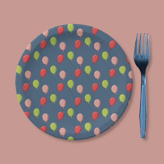 Birthday Balloons Dark Blue Paper Plate (Birthday balloon pattern dark blue paper plate.)