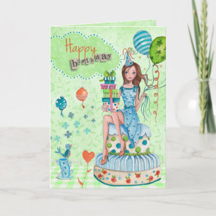 Birthday Balloons Girl Cake   Birthday Card