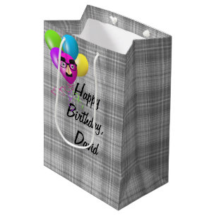 Birthday Balloons On Grey Plaid Medium Gift Bag