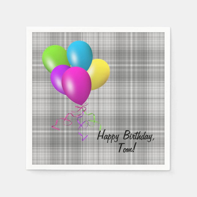 birthday balloons on grey plaid napkin (Front)