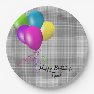 birthday balloons on grey plaid paper plate