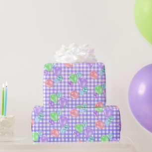Birthday Balloons On Purple Gingham Wrapping Paper