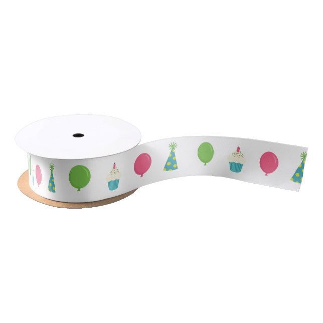 Birthday balloons, Party Hats and Cupcakes Satin Ribbon (Spool)
