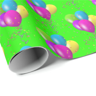 Birthday Balloons with confetti on green Wrapping Paper