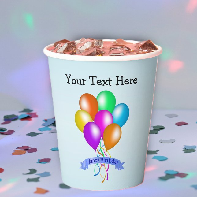 Birthday Banner Colourful Bright Balloons Streamer Paper Cups (Bunch of bright colourful balloons matching hanging streamers Happy Birthday Banner on Paper cups.)