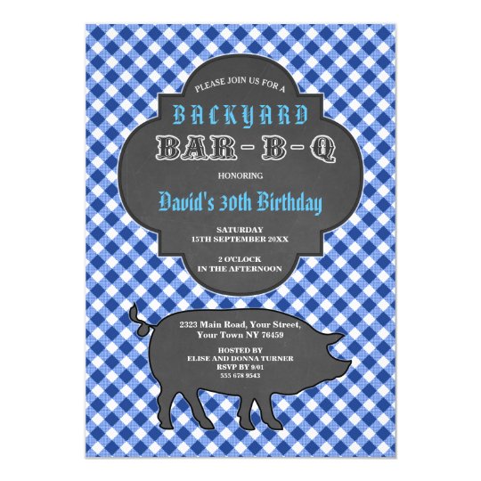 Birthday BARBEQUE Chalk Blue Gingham Invitation