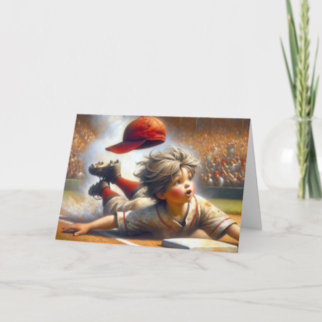 Birthday Baseball Boy Sliding Into Home Plate Card (Front)