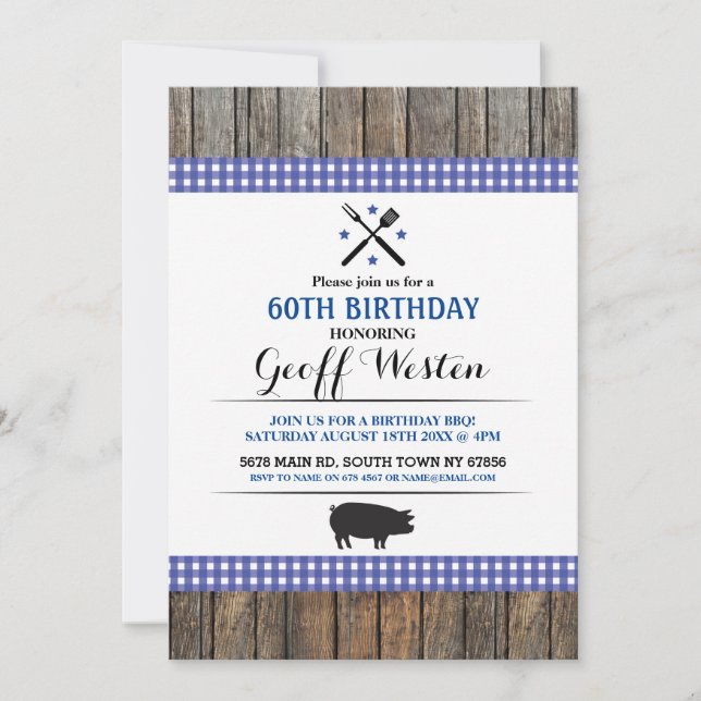 Birthday BBQ Any Age Blue Hog Roast Wood Invite (Front)