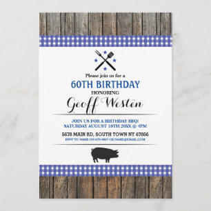 Birthday BBQ Any Age Blue Hog Roast Wood Invite