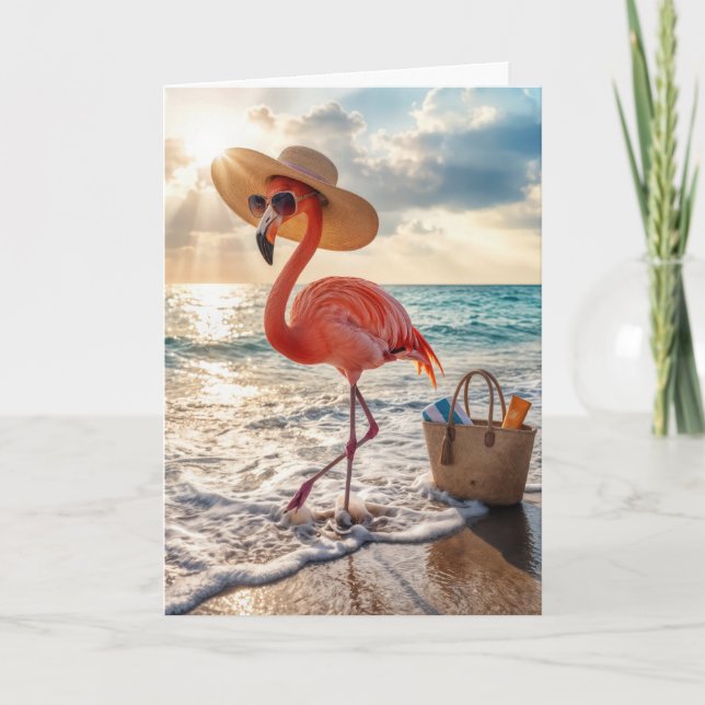 Birthday Beach Flamingo with Sunglasses Card (Front)