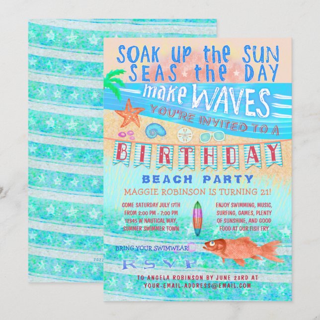 Birthday Beach or Pool Party Summer Fish Surf Swim Invitation (Front/Back)