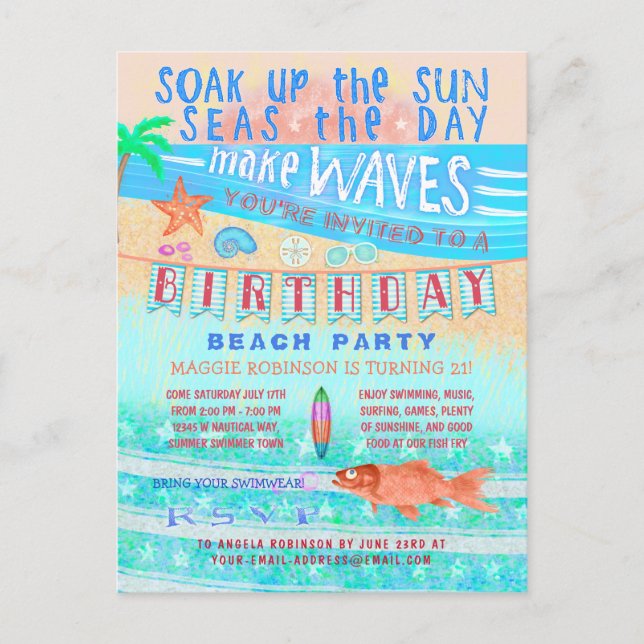 Birthday Beach or Pool Party Summer Fish Surf Swim Invitation Postcard (Front)