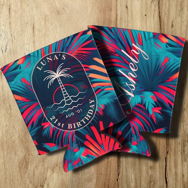 Birthday Beach party Palm tree leaves sunset Can Cooler (Creator Uploaded)