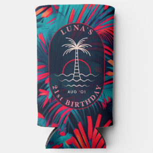 Birthday Beach party Palm tree leaves sunset Seltzer Can Cooler