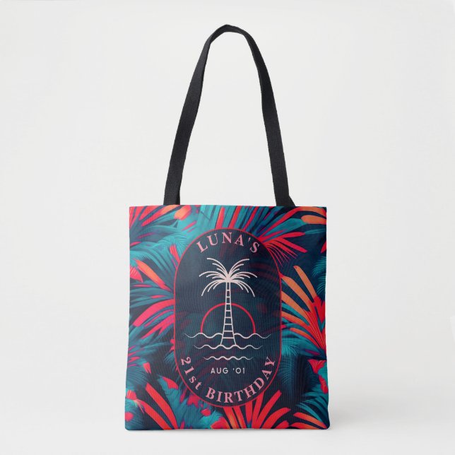 Birthday Beach party Palm tree leaves sunset Tote Bag (Front)