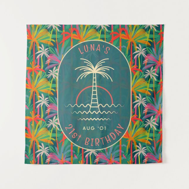 Birthday Beach party palm Tree sunset Watercolor Tapestry (Front)