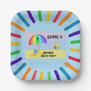 “Birthday Beach Party” Square Paper Plate