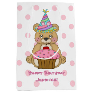 Birthday Bear Cupcake Pink Personalized Medium Gift Bag