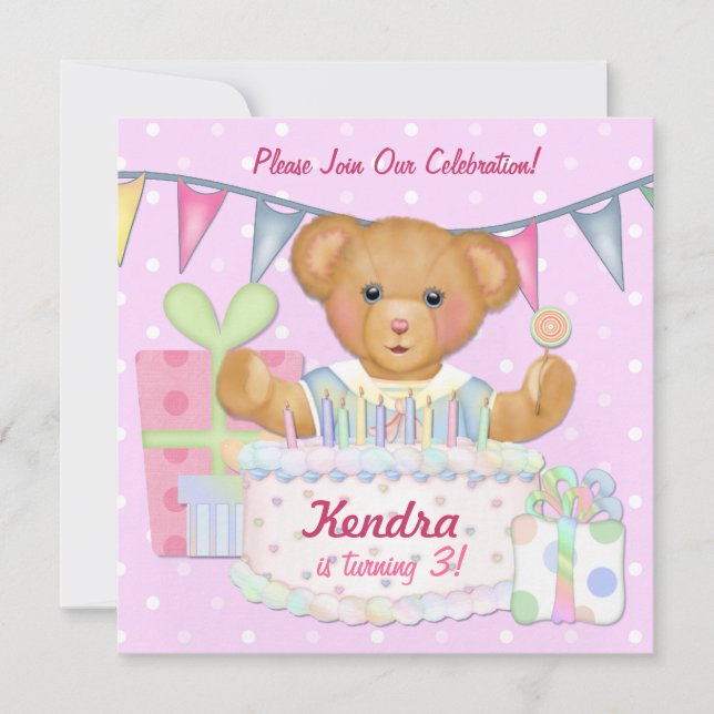 Birthday Bear Girl - Third Birthday Invitation (Front)