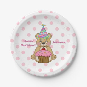 Birthday Bear Pink Cupcake Polkadot Personalized Paper Plate