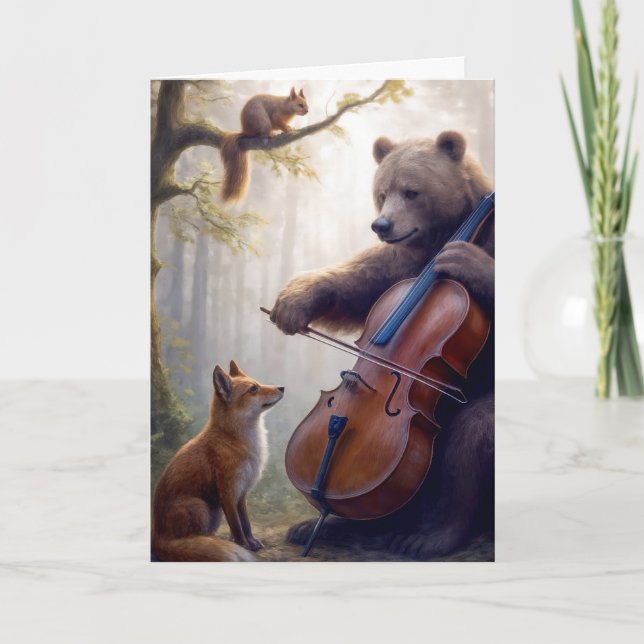 Birthday Bear Playing the Cello In a Misty Forest Card (Front)