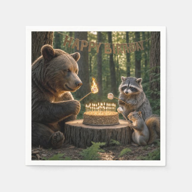 Birthday Bear Roasting Marshmallows on a Cake Napkin (Front)