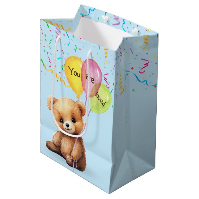 Birthday Bear With Balloons and Confetti Medium Gift Bag (Front Angled)