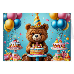 Birthday bear with cake and balloons