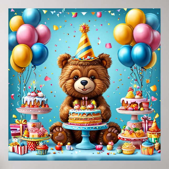 Birthday bear with cake and balloons poster (Front)