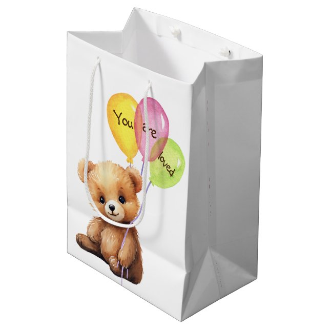 Birthday Bear With Party Balloons Medium Gift Bag (Front Angled)