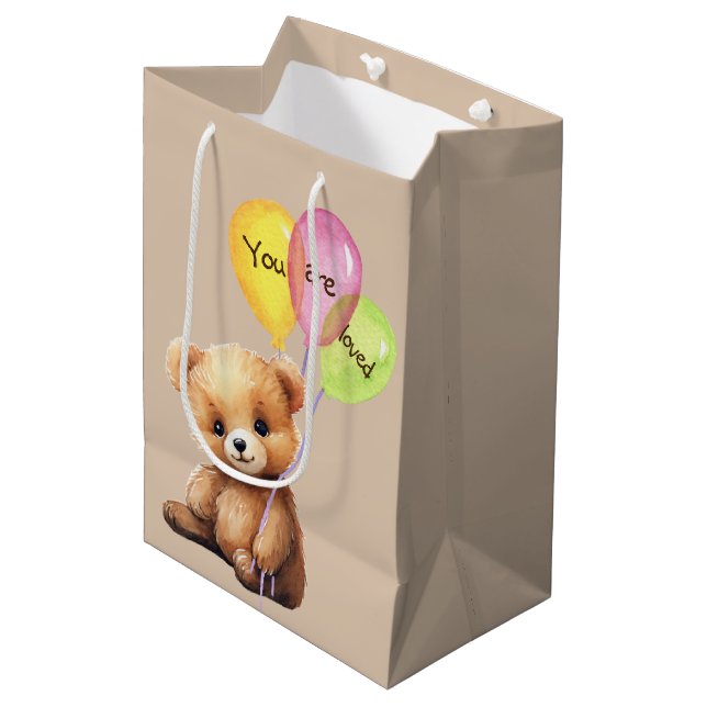 Birthday Bear With Party Balloons Medium Gift Bag (Front Angled)