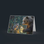 Birthday Bear with Raccoon and Fireflies Card<br><div class="desc">A bear offers a jar of glowing fireflies to a raccoon on a tree stump.
All text can be changed.</div>