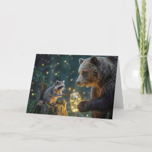 Birthday Bear with Raccoon and Fireflies Card