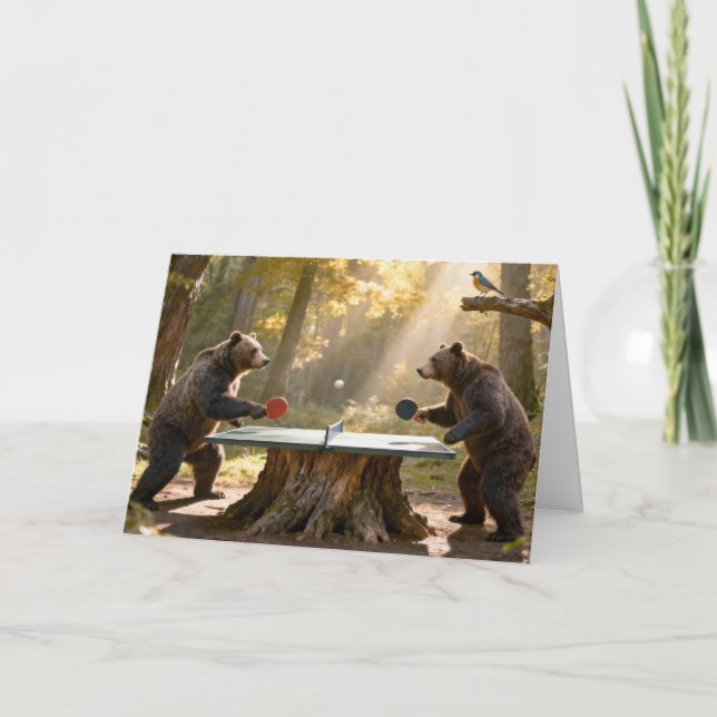 Birthday Bears Playing Ping Pong in a Forest Card (Front)