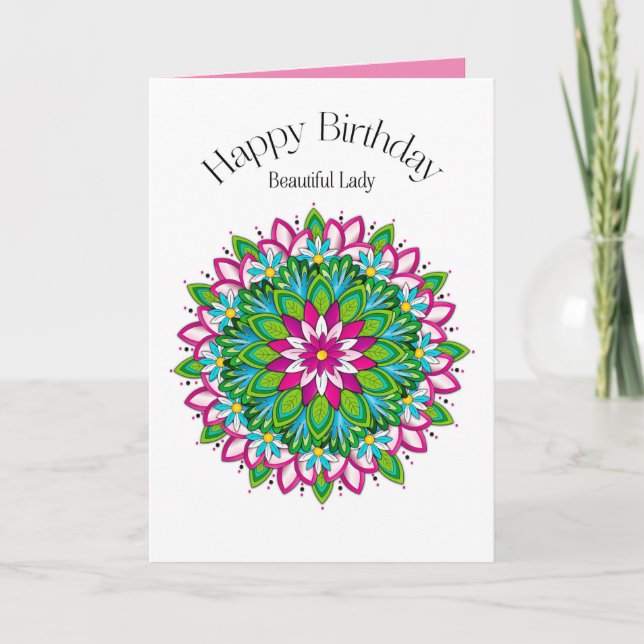 Birthday Beautiful Lady Colourful Floral Motif Card (Front)