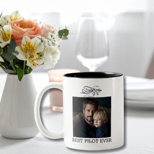 Birthday Best Pilot Ever 2 Photos Airplane Clouds  Two-Tone Coffee Mug