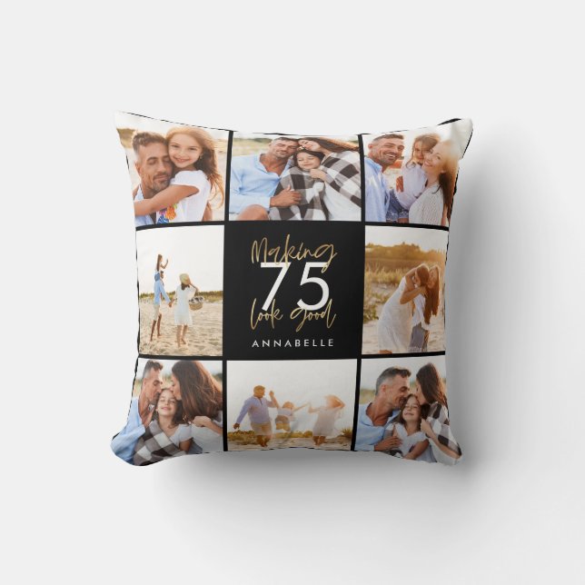 birthday black and gold photo collage  throw pillow (Front)